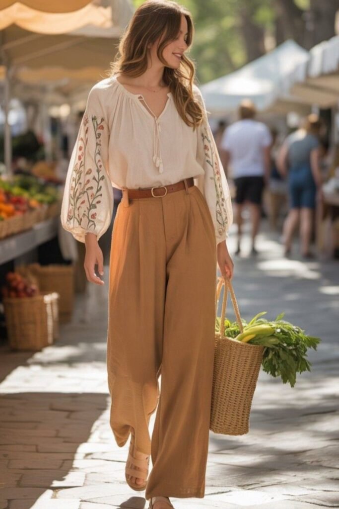 White Embroidered Peasant Blouse + Brown Wide Leg Trousers + Brown Leather Belt + Straw Market Bag
