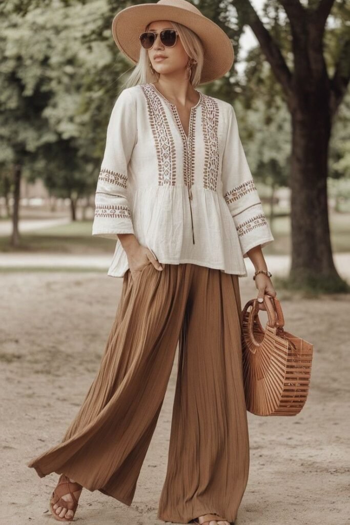 White Embroidered Peplum Top + Brown Pleated Wide Leg Pants + Straw Bag + Tan Sandals
