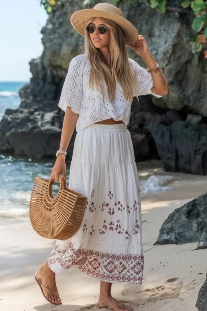 White Eyelet Top + White Tiered Maxi Skirt + Wooden Bag + Tan Flip Flops