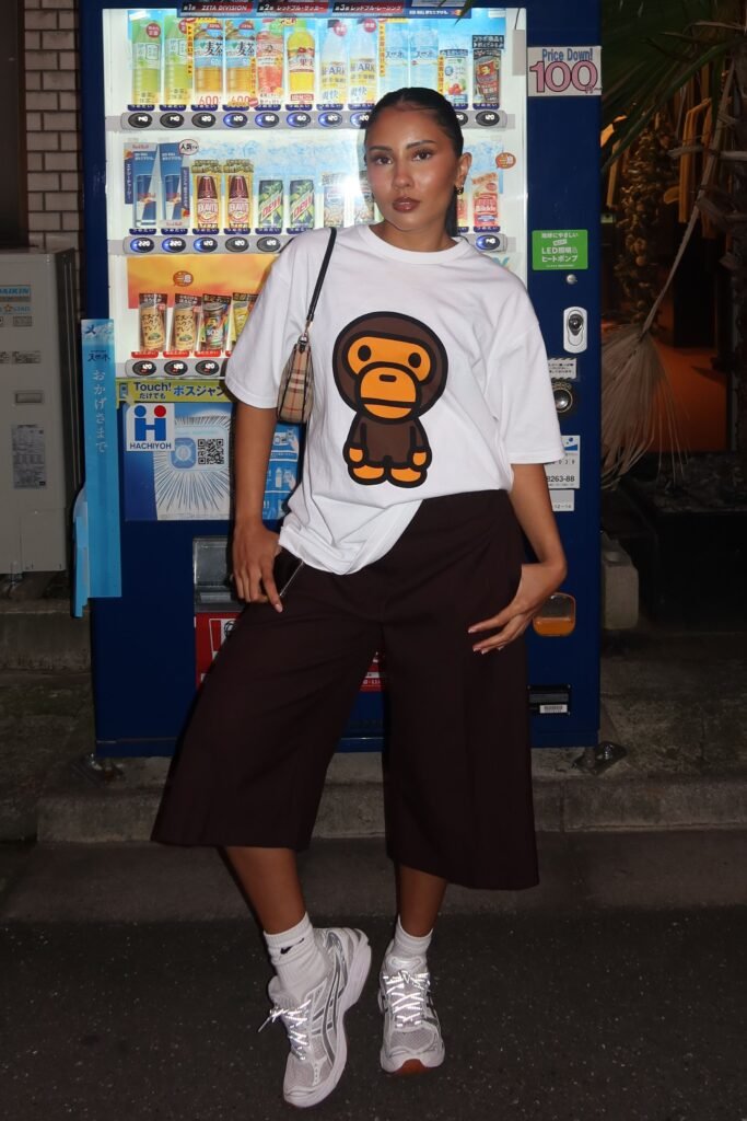White Graphic T Shirt + Brown Culottes + White Sneakers