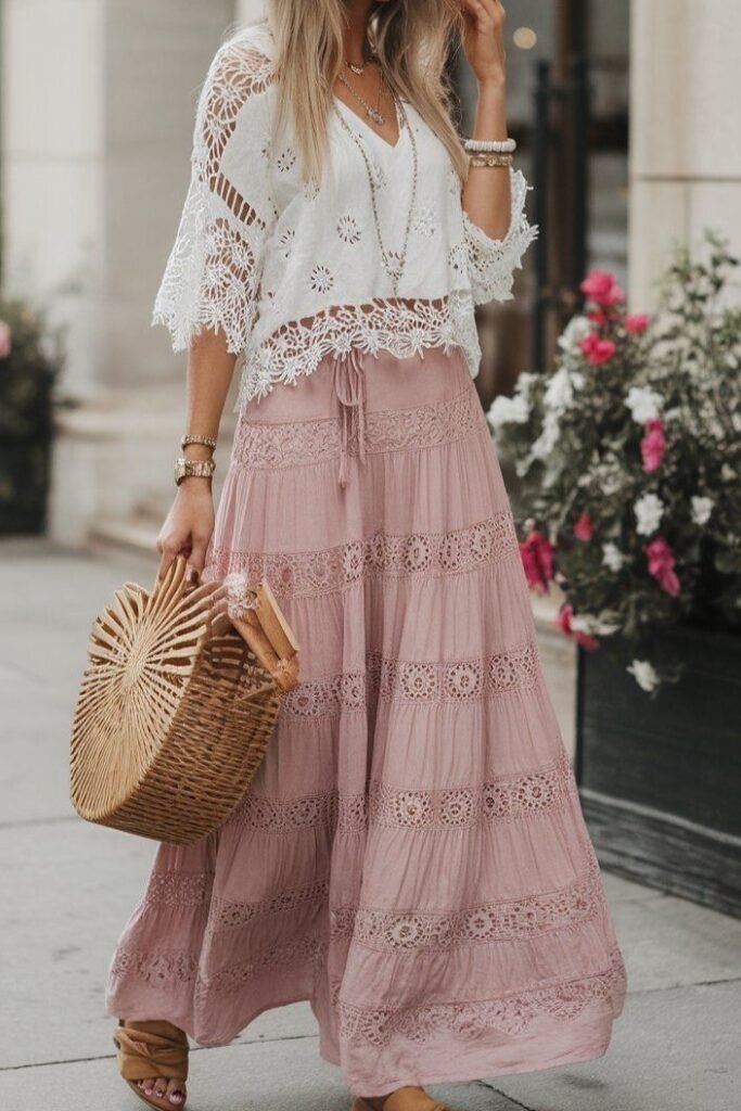 White Lace Top + Pink Tiered Maxi Skirt + Wooden Bag + Tan Sandals