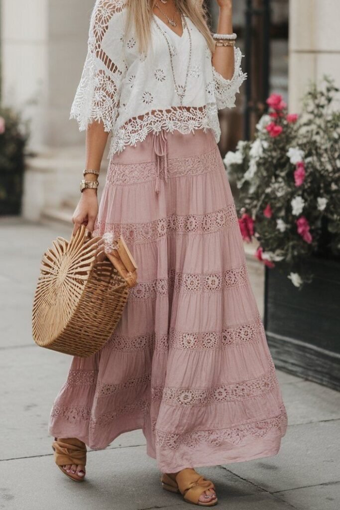 White Lace Top + Pink Tiered Maxi Skirt + Wooden Handbag