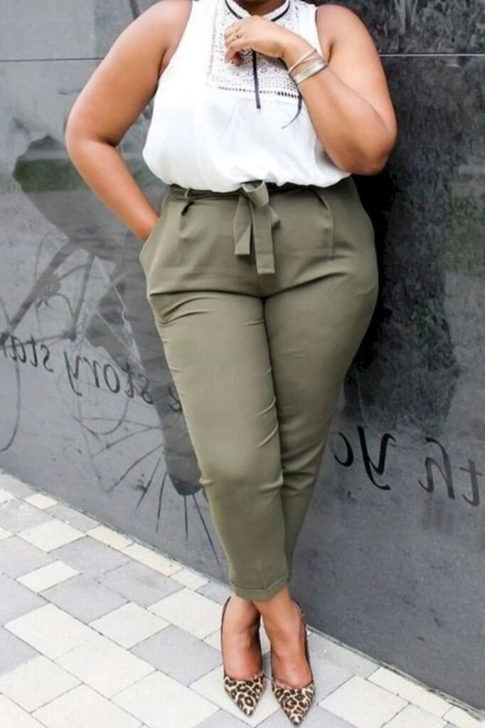White Lace Trim Tank Top + Olive Green Tie Waist Pants + Leopard Print Heels