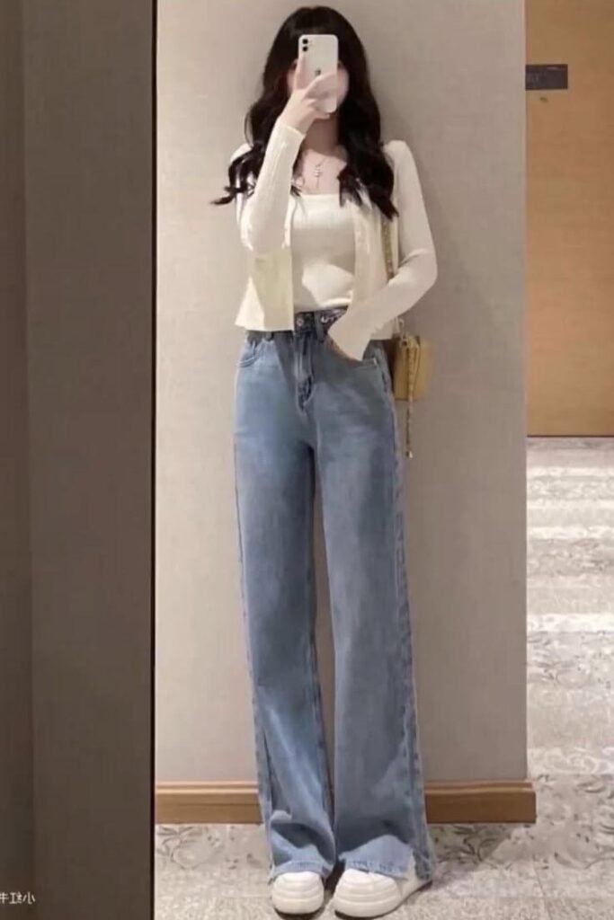 White Long Sleeve Top + Light Wash Wide Leg Jeans + White Sneakers