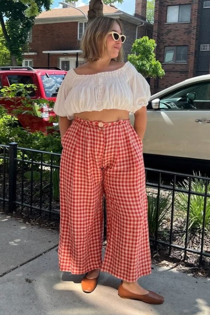 White Off The Shoulder Crop Top + Red Gingham Wide Leg Trousers + Brown Ballet Flats