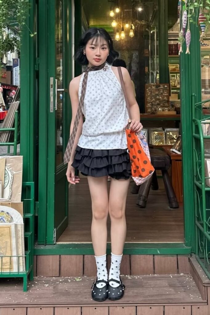 White Patterned Halter Top + Black Ruffled Mini Skirt + Black Mary Janes