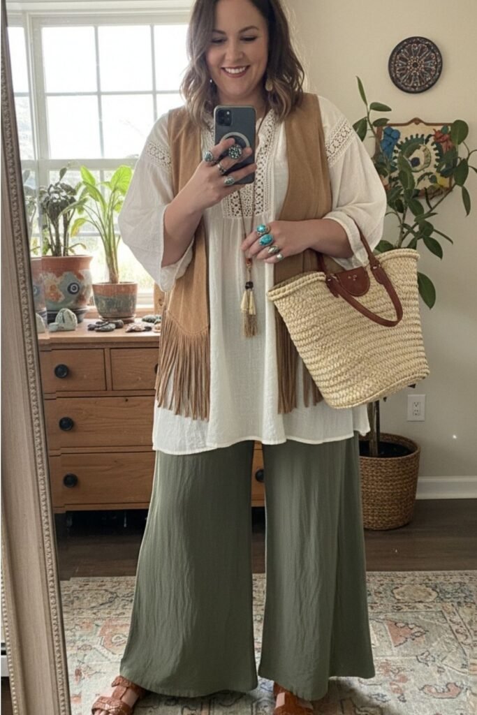 White Peasant Blouse + Olive Wide Leg Trousers + Tan Suede Vest