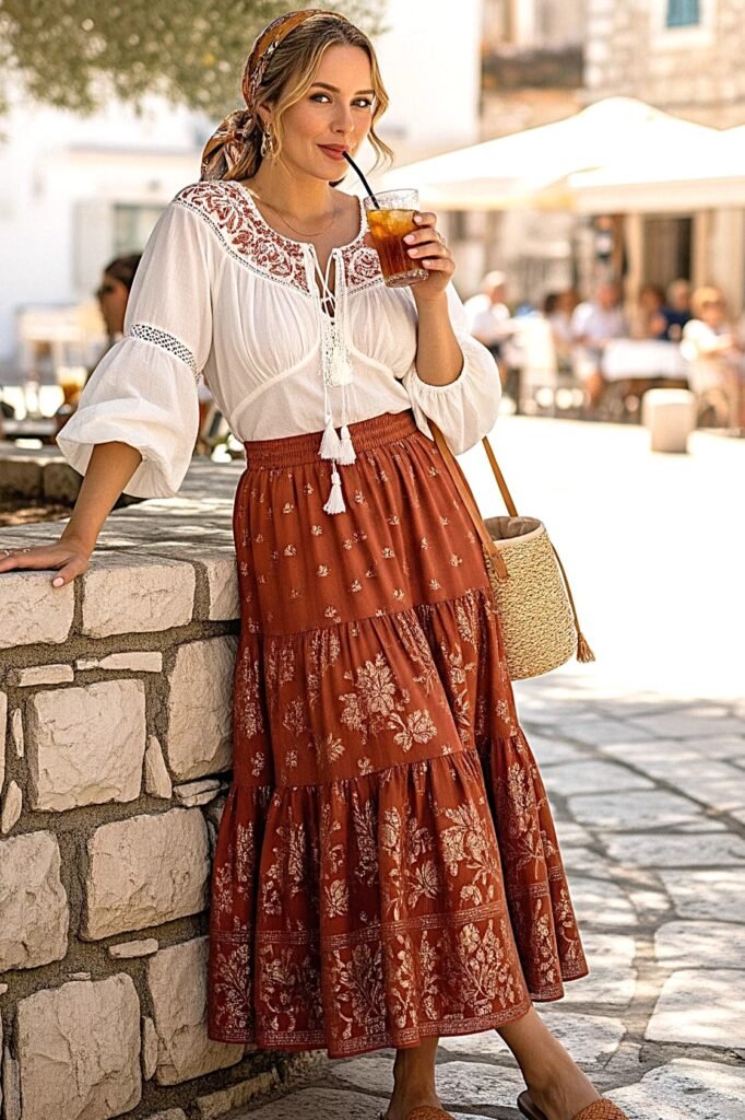 White Peasant Blouse + Rust Floral Maxi Skirt + Straw Bag + Tan Mules