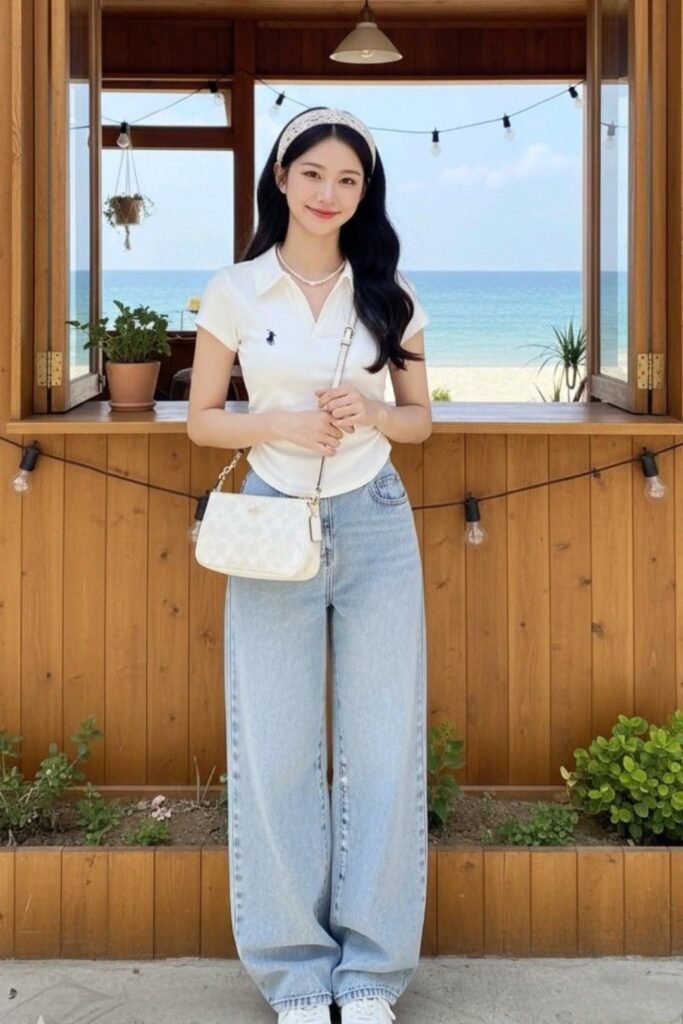 White Polo Shirt + Light Wash Wide Leg Jeans + White Sneakers