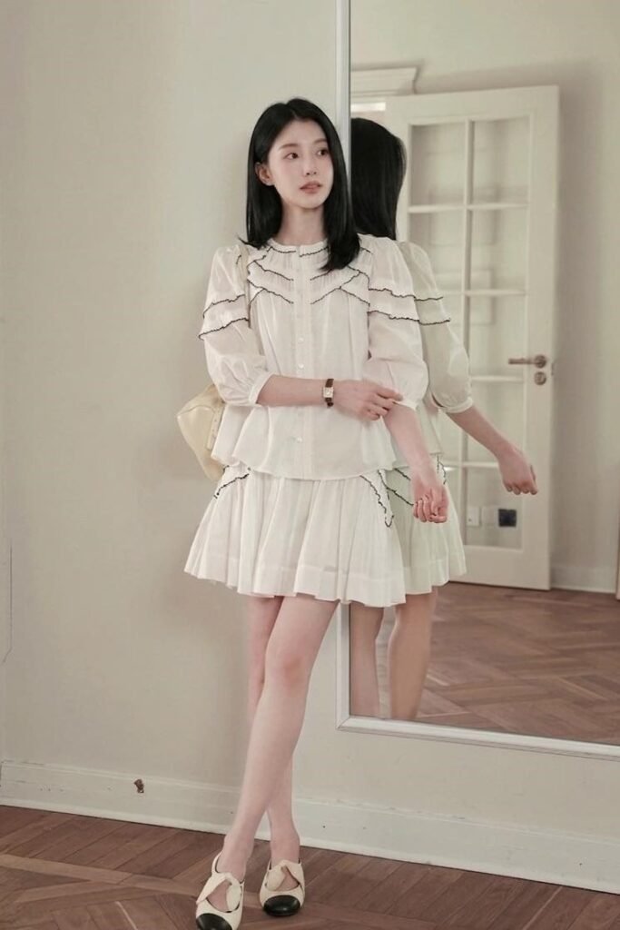 White Ruffled Blouse + White Ruffled Mini Skirt + Two Tone Mary Jane Shoes