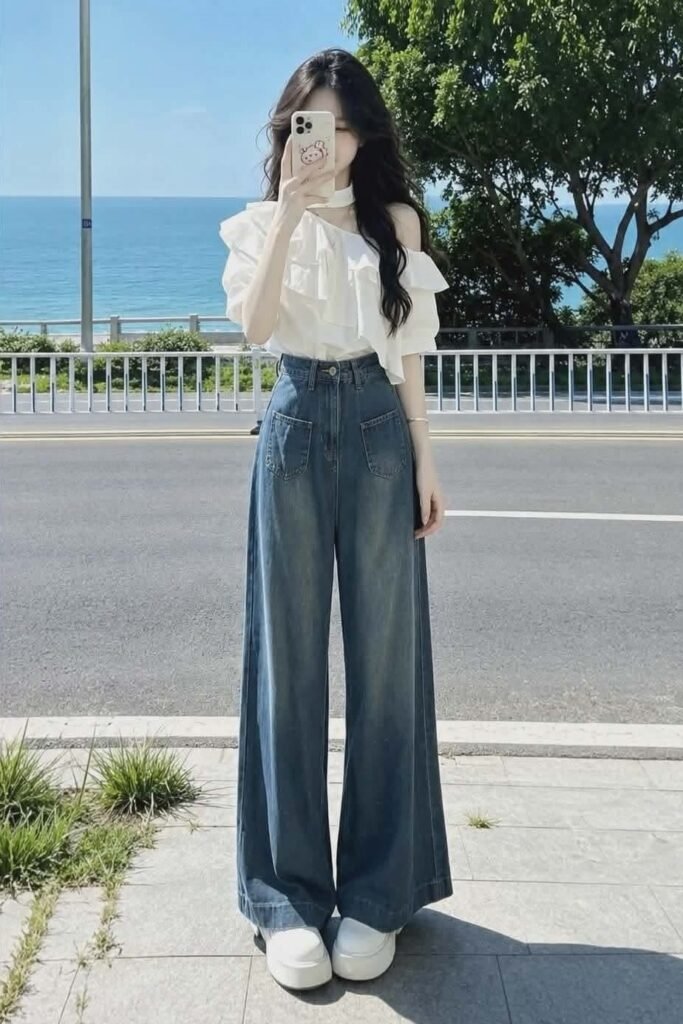 White Ruffled Off Shoulder Blouse + Wide Leg Jeans + White Shoes