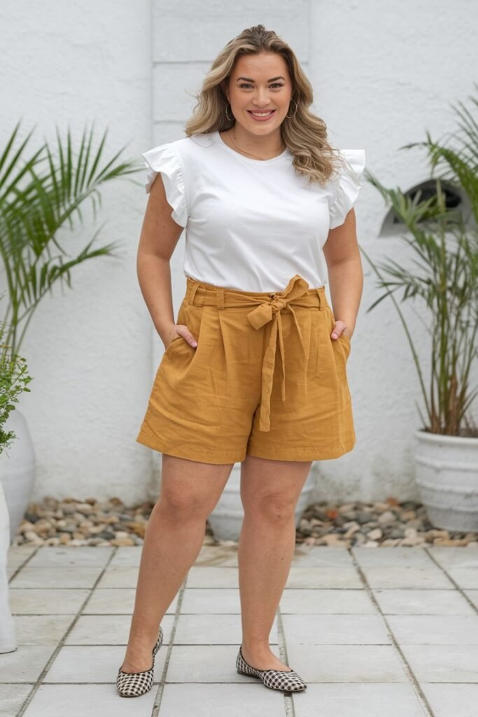White Ruffled Sleeve Top + Mustard Yellow Paperbag Waist Shorts + Gingham Print Ballet Flats