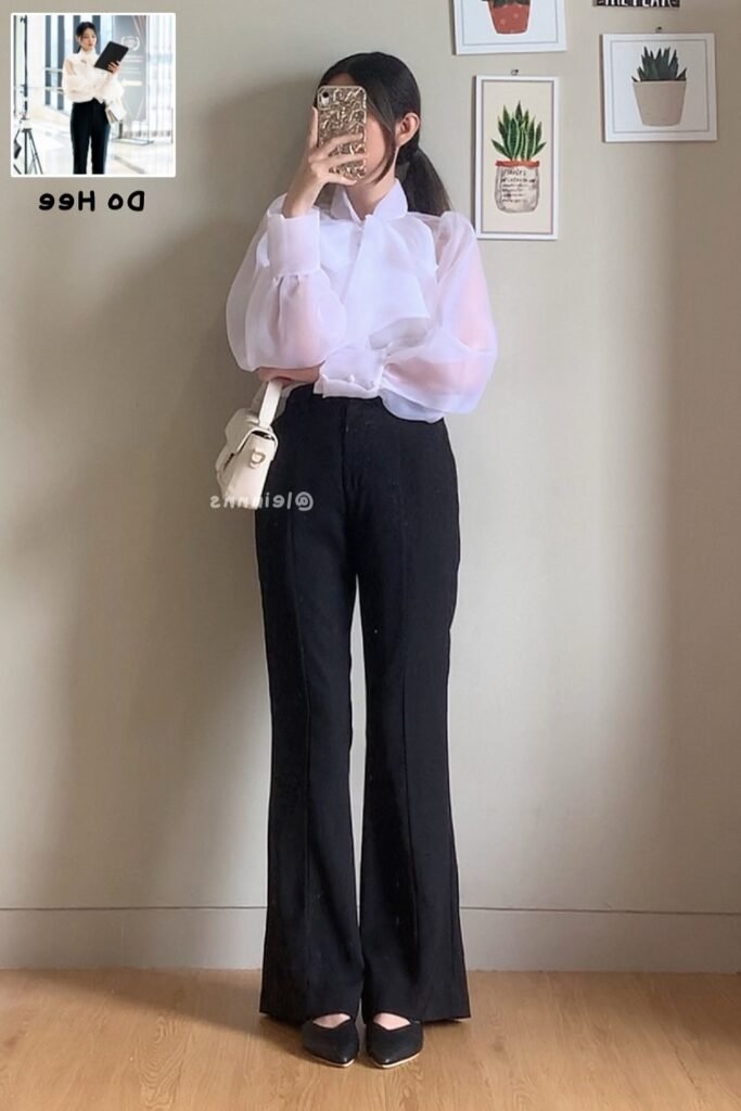 White Sheer Blouse + Black Flared Trousers + White Handbag + Black Flats