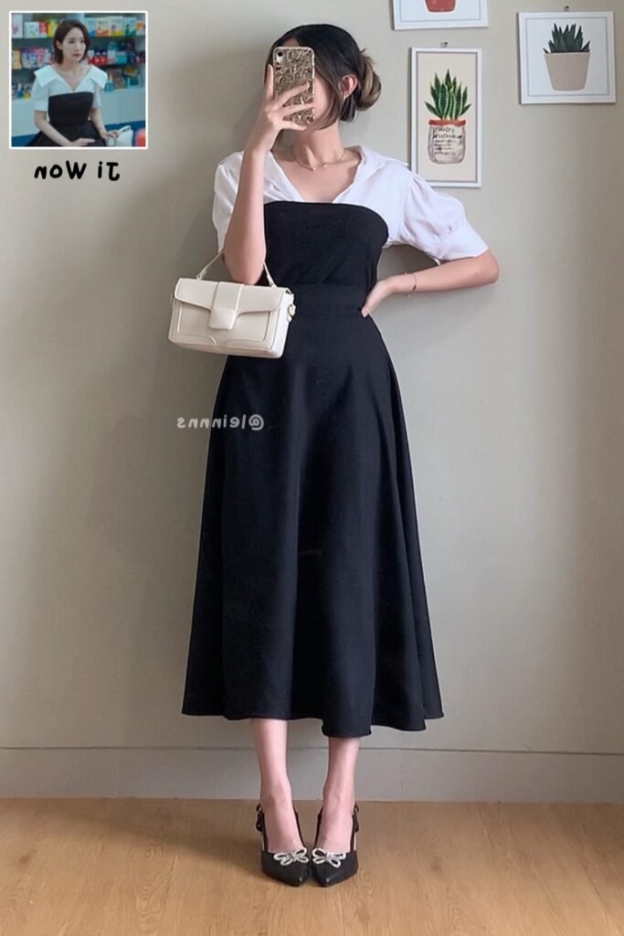 White Short Sleeve Blouse + Black Midi Dress + White Handbag + Black Bow Heels