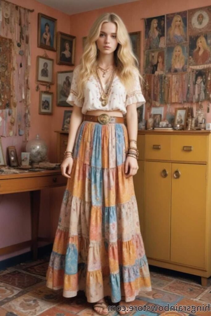 White Short Sleeve Blouse + Patchwork Maxi Skirt + Brown Leather Belt + Brown Sandals