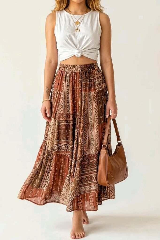 White Sleeveless Crop Top + Brown Patterned Maxi Skirt + Leather Handbag