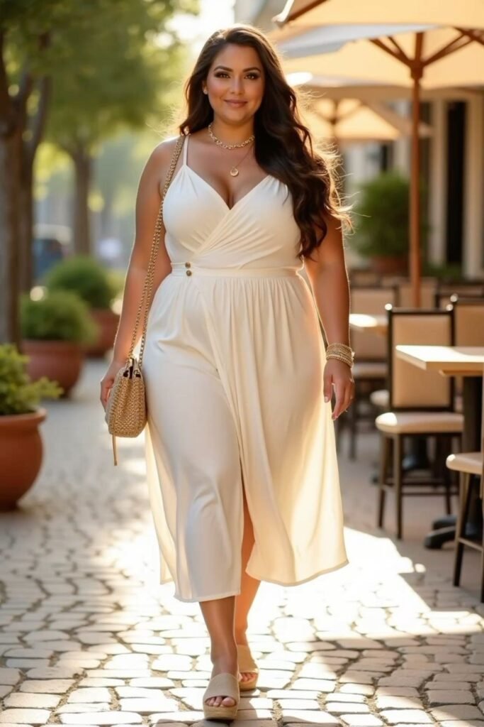 White Sleeveless Wrap Dress + Woven Crossbody Bag + Espadrille Mules