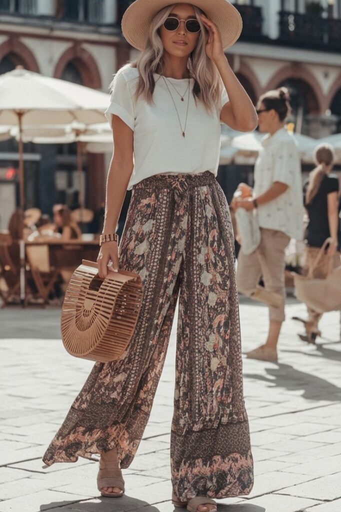 White T Shirt + Patterned Wide Leg Trousers + Wide Brim Hat + Bamboo Handbag