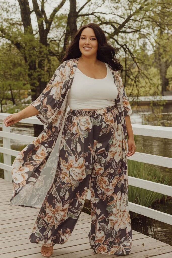 White Tank Top + Floral Wide Leg Trousers + Floral Kimono