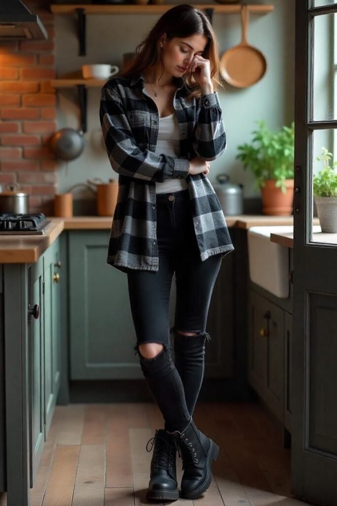 White Tank Top + Grey Flannel Shirt + Ripped Black Jeans + Combat Boots