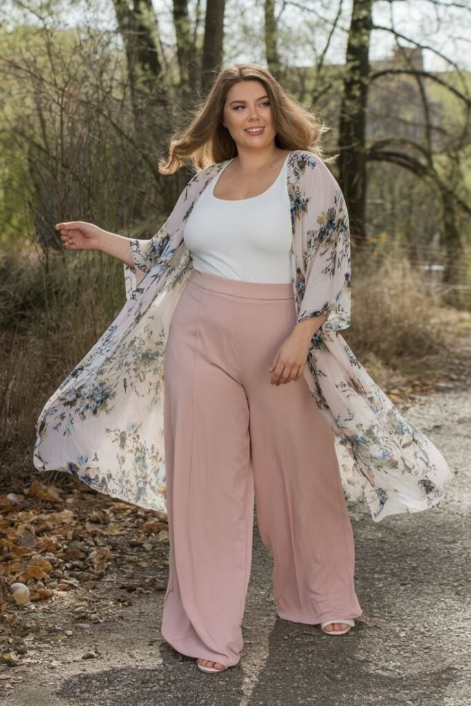 White Tank Top + Pale Pink Wide Leg Trousers + Floral Kimono