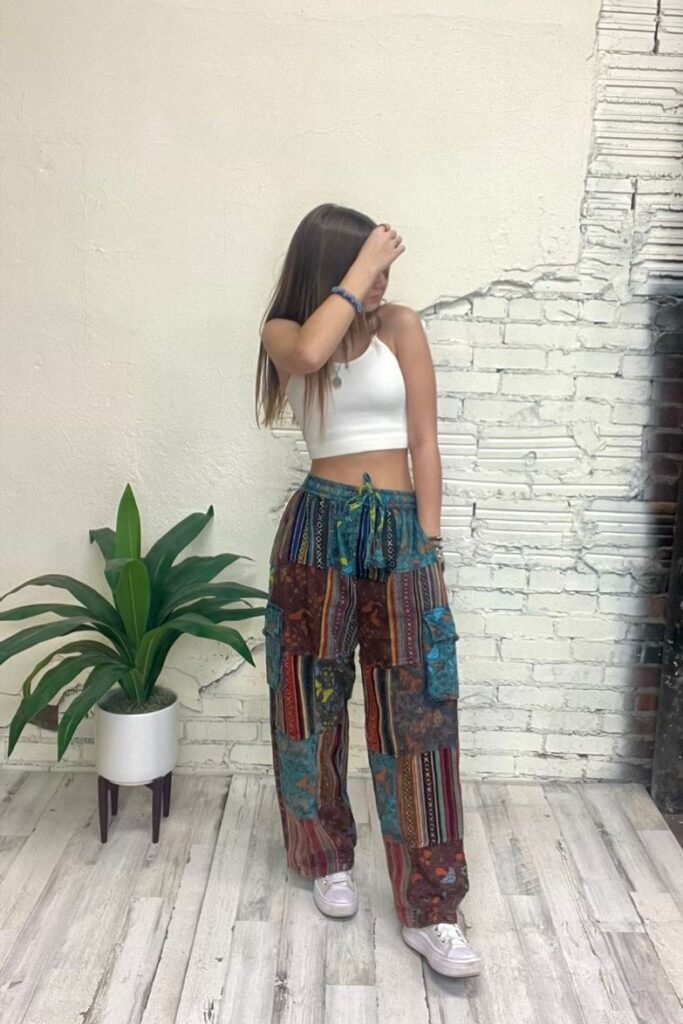 White Tank Top + Patchwork Patterned Cargo Pants + White Sneakers