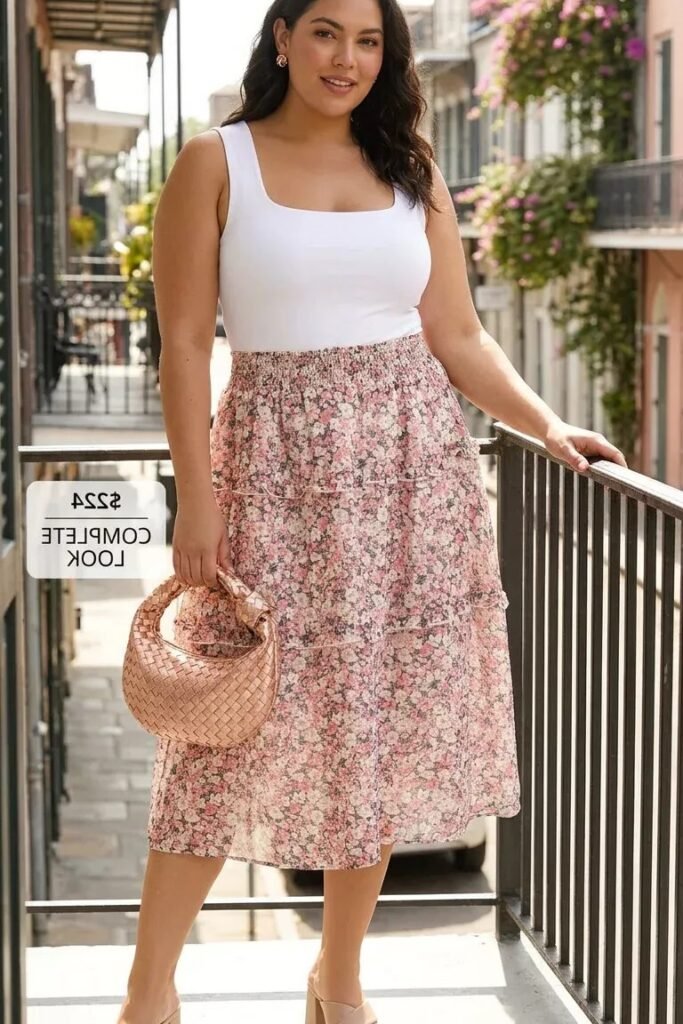 White Tank Top + Pink Floral Tiered Midi Skirt + Woven Handbag + Nude Mules