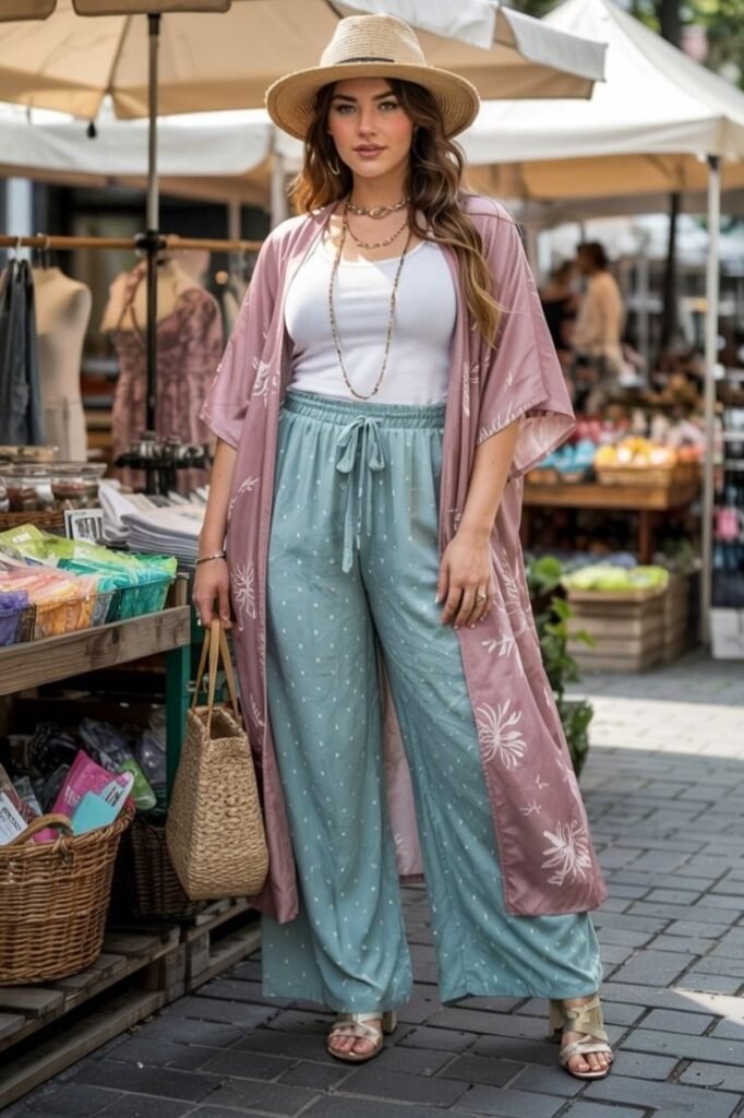 White Tank Top + Teal Patterned Wide Leg Pants + Mauve Kimono