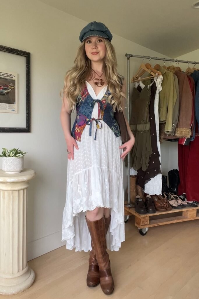 White Tiered Midi Dress + Patterned Waistcoat + Denim Newsboy Cap + Brown Leather Boots