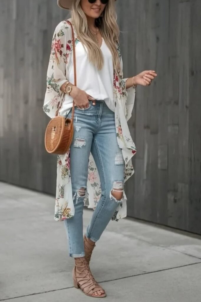 White V Neck Top + Floral Kimono + Distressed Blue Jeans + Lace Up Sandals