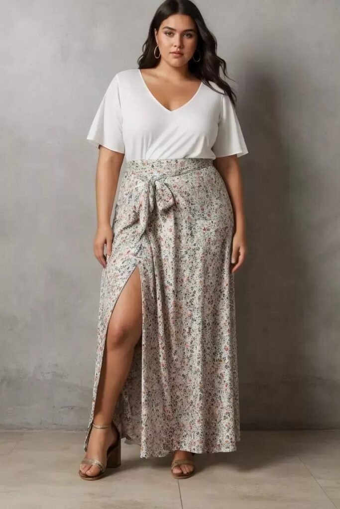 White V Neck Top + Floral Print Maxi Skirt with Slit + Metallic Heeled Sandals
