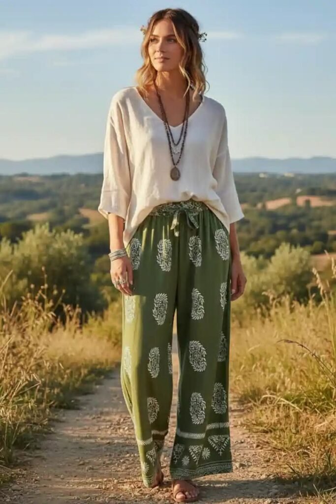 White V Neck Top + Green Patterned Wide Leg Trousers + Sandals
