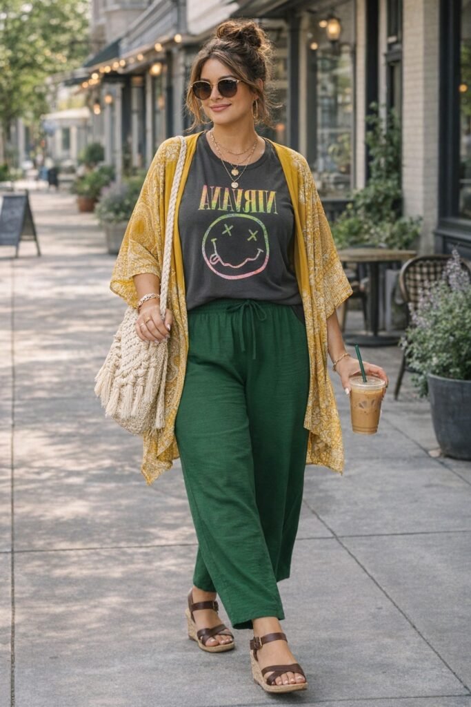 Yellow Patterned Kimono + Dark Graphic T Shirt + Green Cropped Trousers + Brown Wedge Sandals