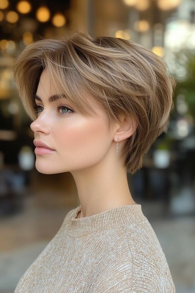 Ash Blonde Layered Pixie Cut with Face-Framing Curtain Bangs
