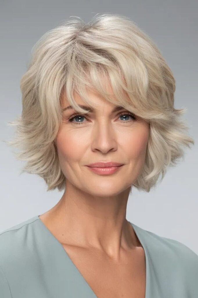 Ash Blonde Textured Bob with Soft Sweeping Bangs