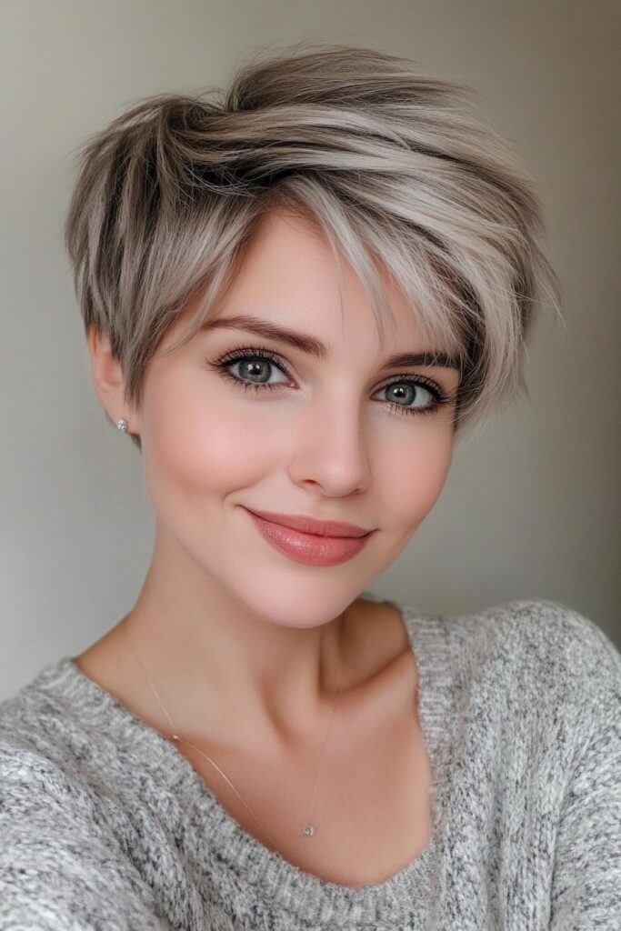 Ash Blonde Textured Pixie with Side-Swept Bangs