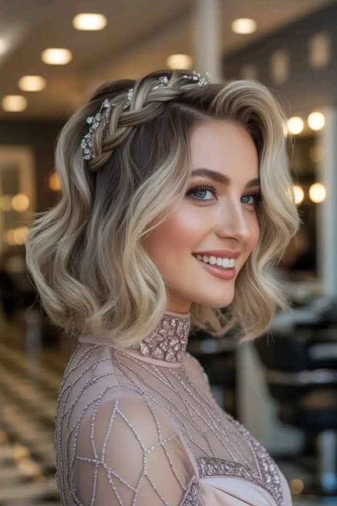 Blonde Wavy Bob with Crown Braided Headband