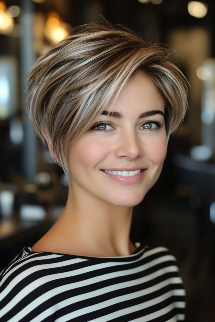 Blonde and Brown Highlighted Short Pixie Cut with Side-Swept Bangs