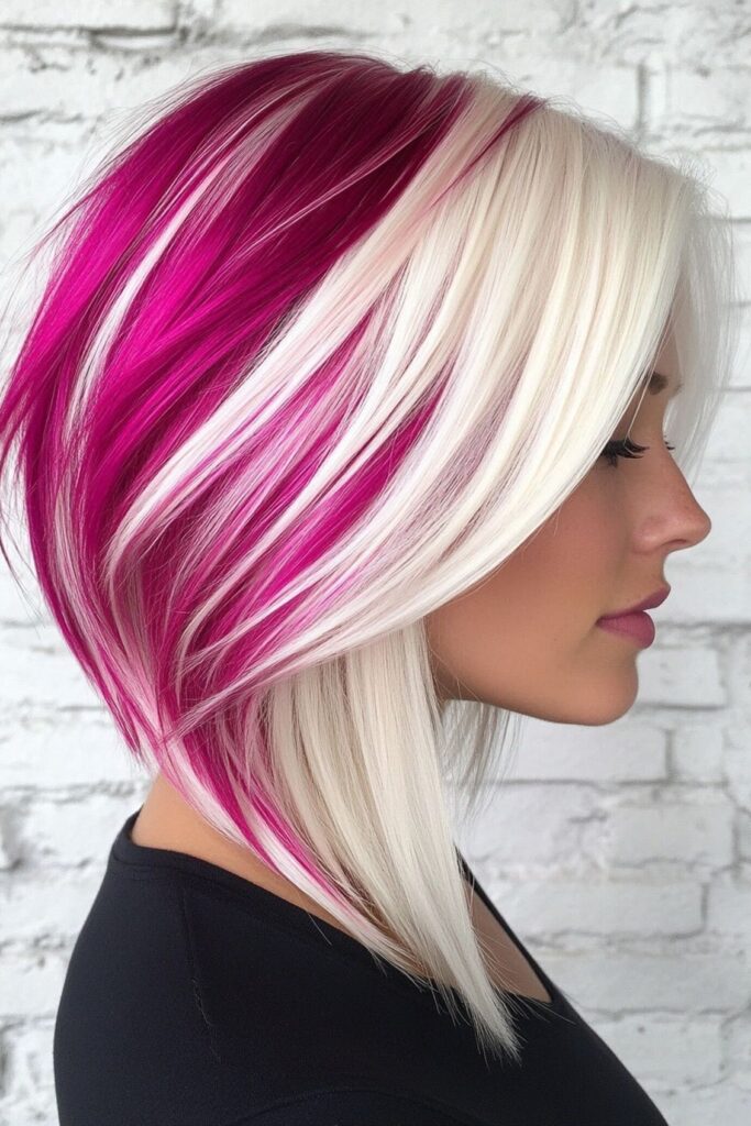 Bold Magenta and Platinum Blonde Color-Blocked Angled Bob