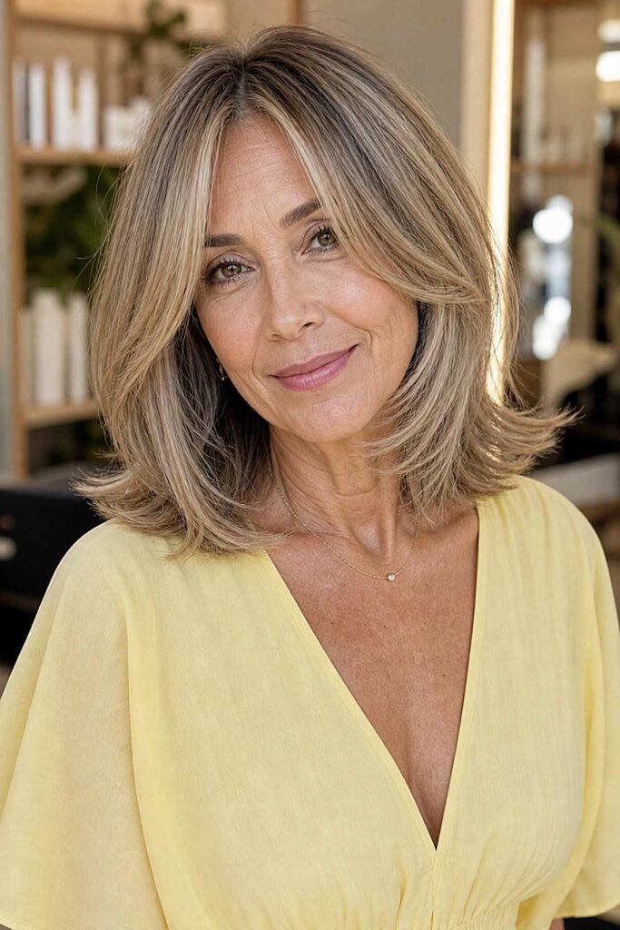 Bright Layered Lob with Soft Face-Framing Blonde Highlights