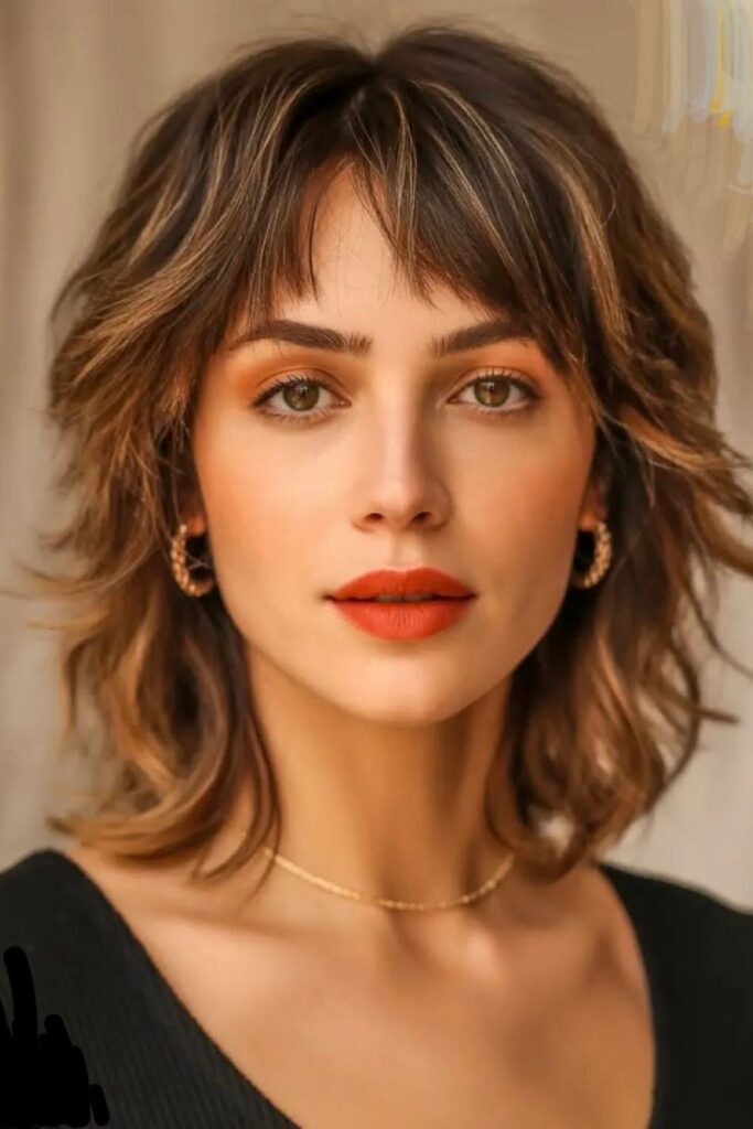 Caramel Highlighted Shaggy Bob with Piece-y Bangs