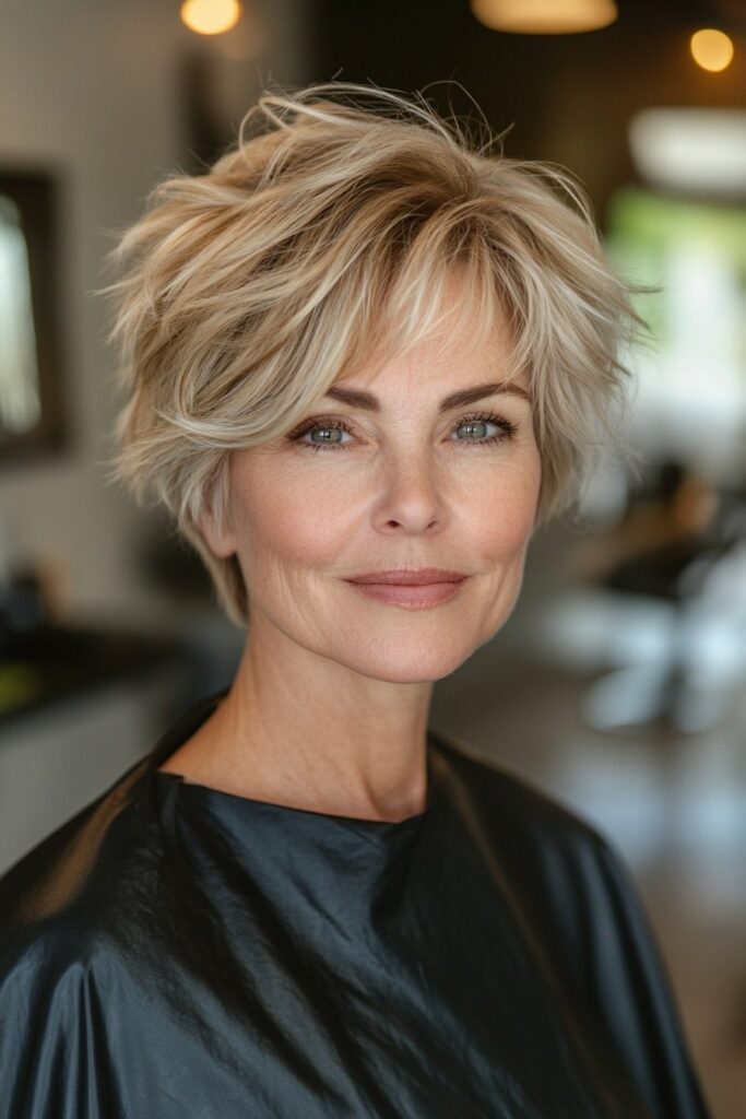 Channeled Textured Pixie with Soft Crown Volume and Fringe