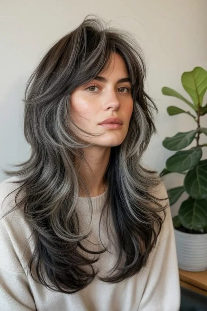 Charcoal Grey and Black Layered Shag with Face-Framing Curtain Bangs