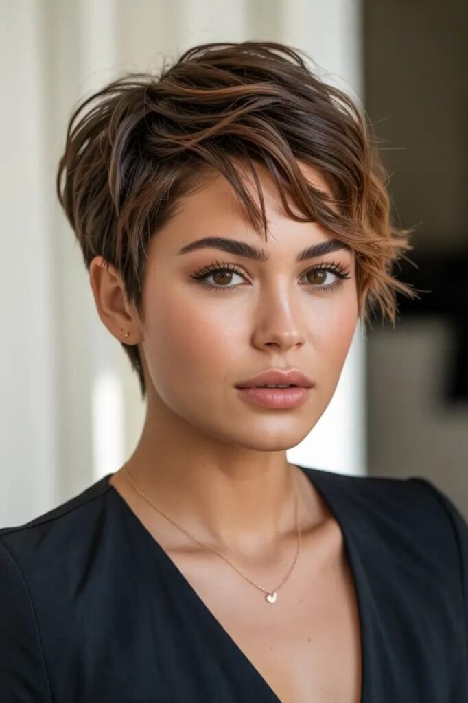 Chestnut Brown Layered Pixie with Soft Side Bangs