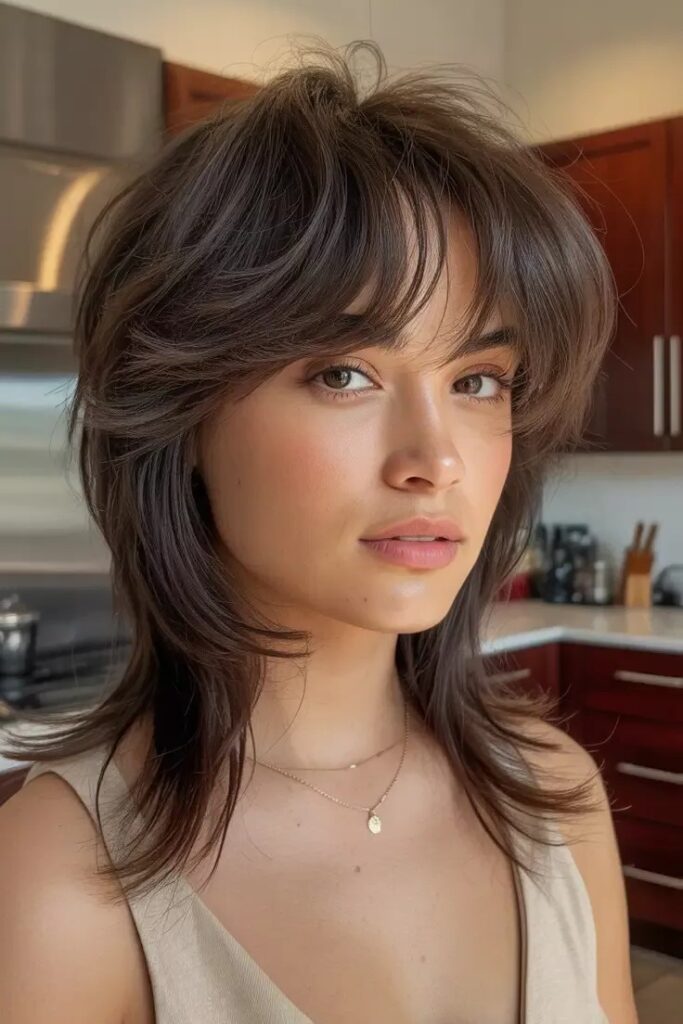 Chocolate Brown Shaggy Layered Cut with Curtain Bangs
