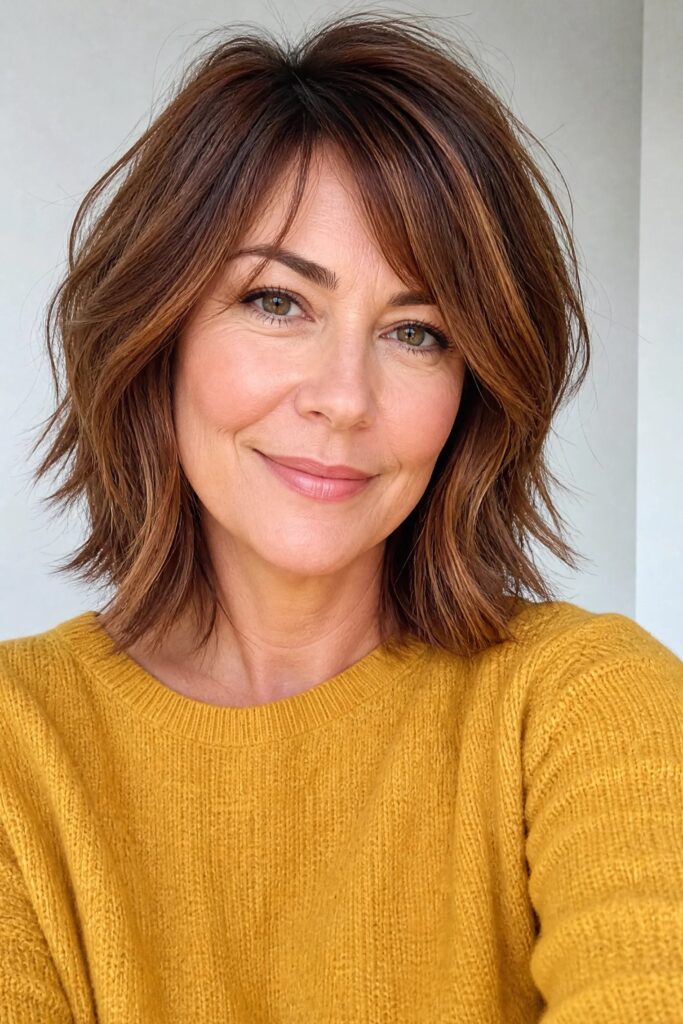 Choppy Auburn Bob with Side-Swept Bangs
