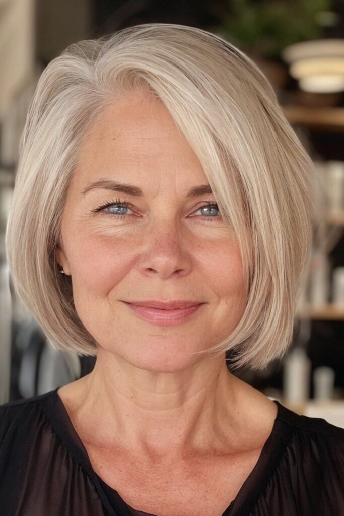 17. Classic Blonde Bob with Smooth Side-Swept Bangs