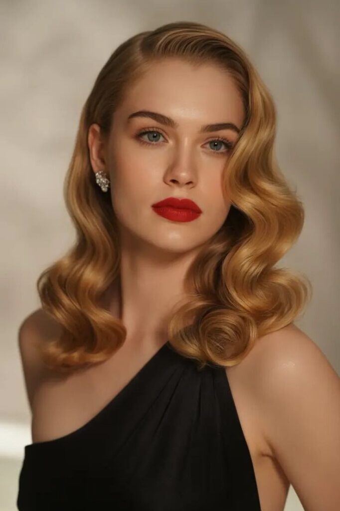 Classic Hollywood Glamour Waves with Deep Side Part