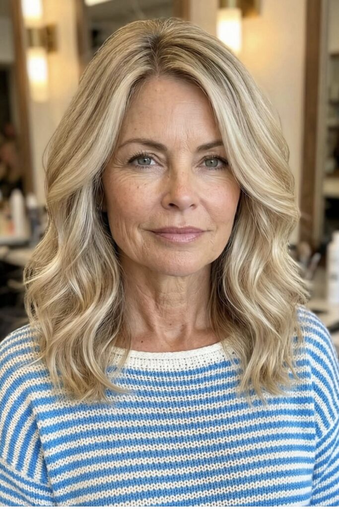 Classic Mid-Length Blonde Waves with Center Part