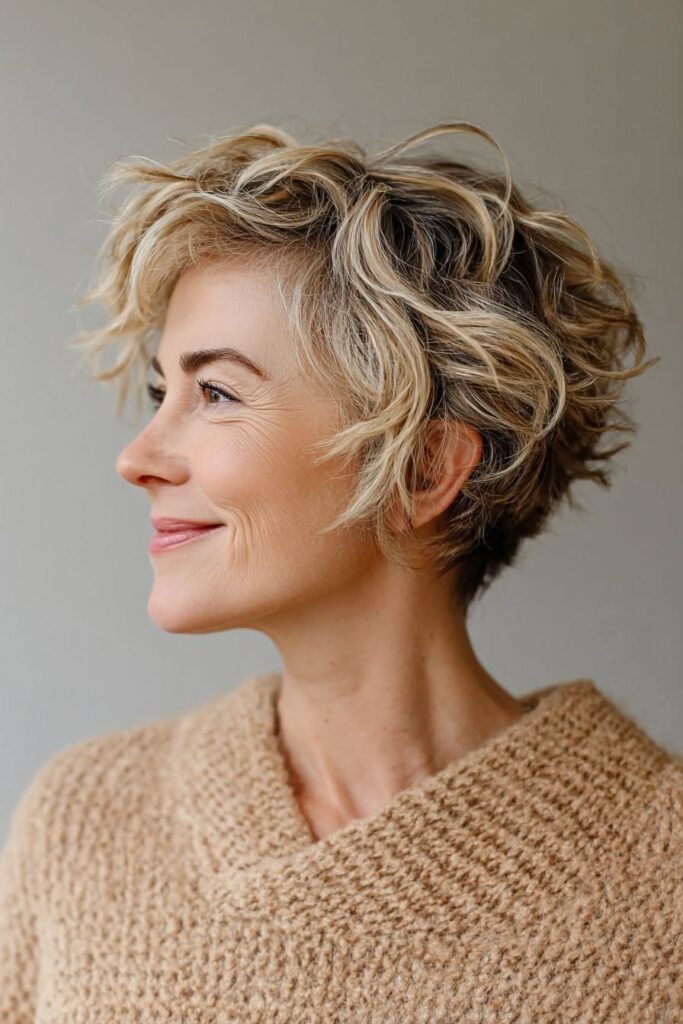 Curly Blonde Textured Pixie with Soft Voluminous Layers